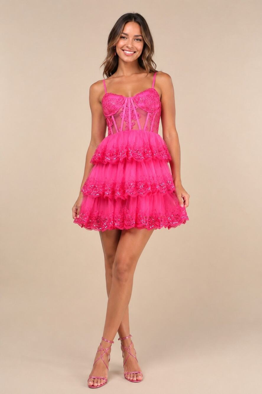 Lulus Exquisite Drama Hot Pink Sequin Mini Dress Large Coquette Dollcore Barbie
